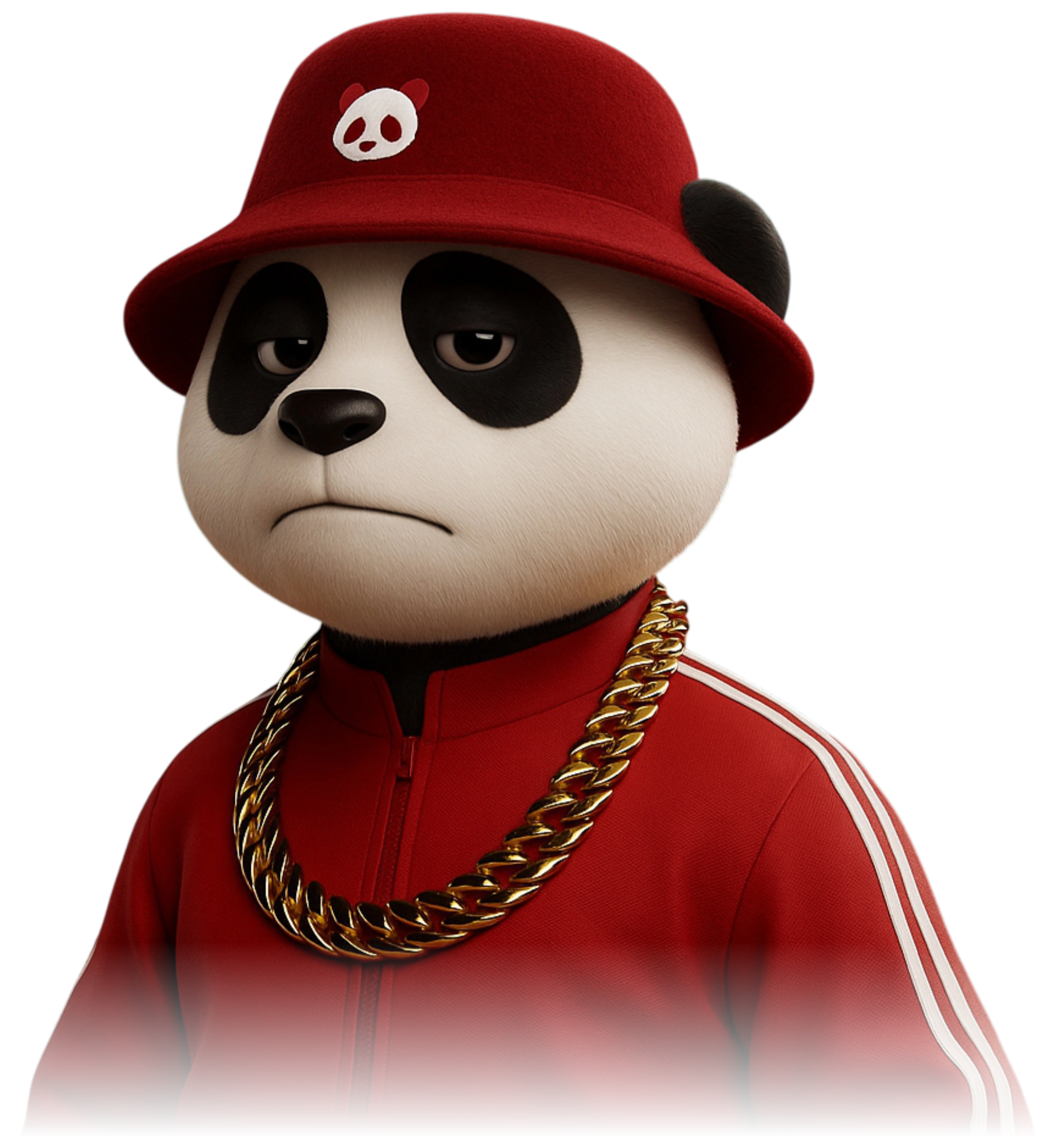 Panda Elpando mengenakan topi merah